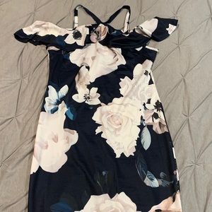 Pencil off the shoulder blue floral dress